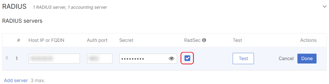 Screenshot of the dashboard showing the "RadSec" checkbox selected for the server in question.