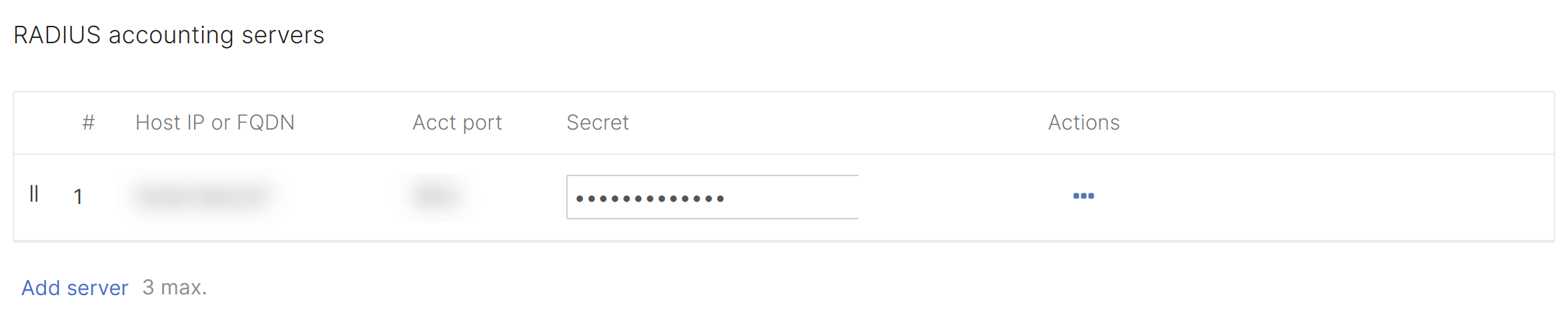 Screenshot of the Access Control page showing the RADIUS accounting server configuration