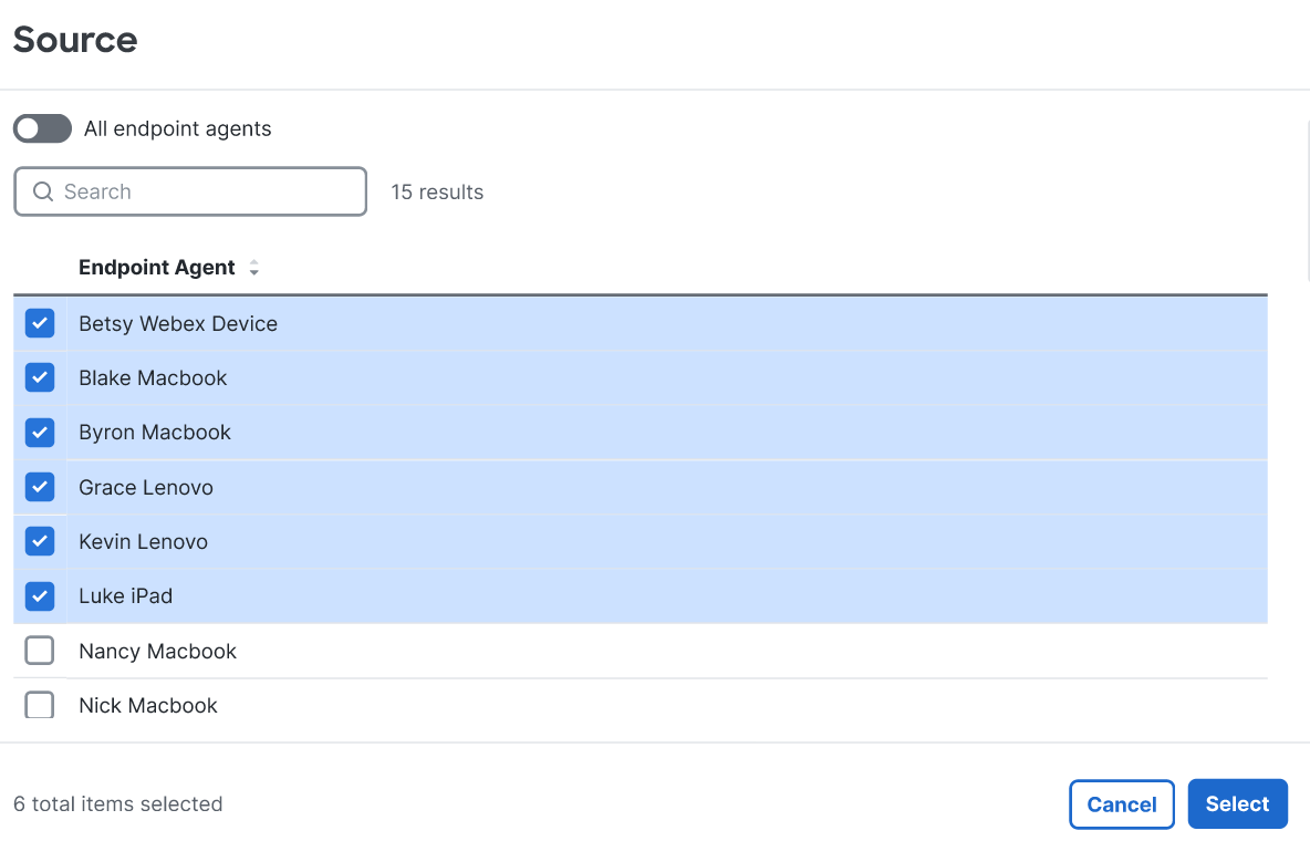 This image is displayed to show how to select specific or all registered Endpoint Agents to run a test.