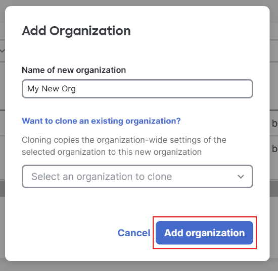 Screenshot of showing the configuration window when adding a new org from the Global Overview page.