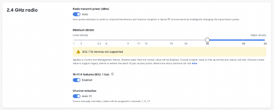 2.4GHz Radio settings, tx power, min bitrate, 802.11ax, auto channel selection