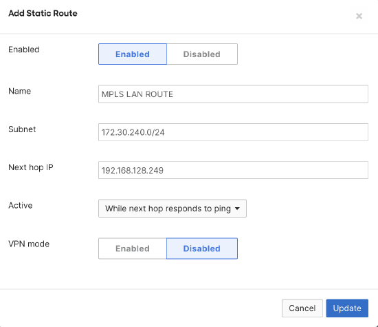 Screenshot showing the redundant static route configuration