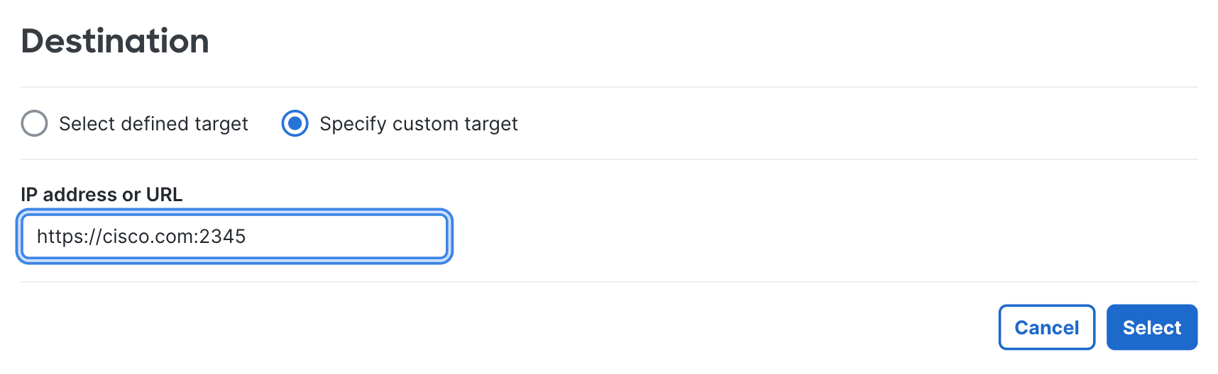 This image is displayed to show how to configure a custom target using an IP address with a port number or a URL for testing.