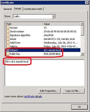 Details tab Subject field shows example value of "CN=dc1.meraki.local". Public key field shows value of RSA (2048 Bits).