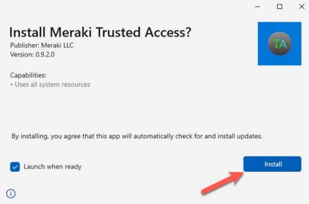In the Installer window, review the options and select 'Install' to begin the installation. If you choose 'Launch when ready,' the app will automatically open once the installation is complete.