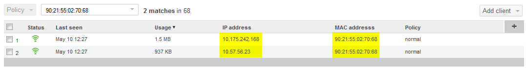 When searched client using Mac address it show two entry with different IP address and same MAC address for wireless clients using Meraki DHCP.