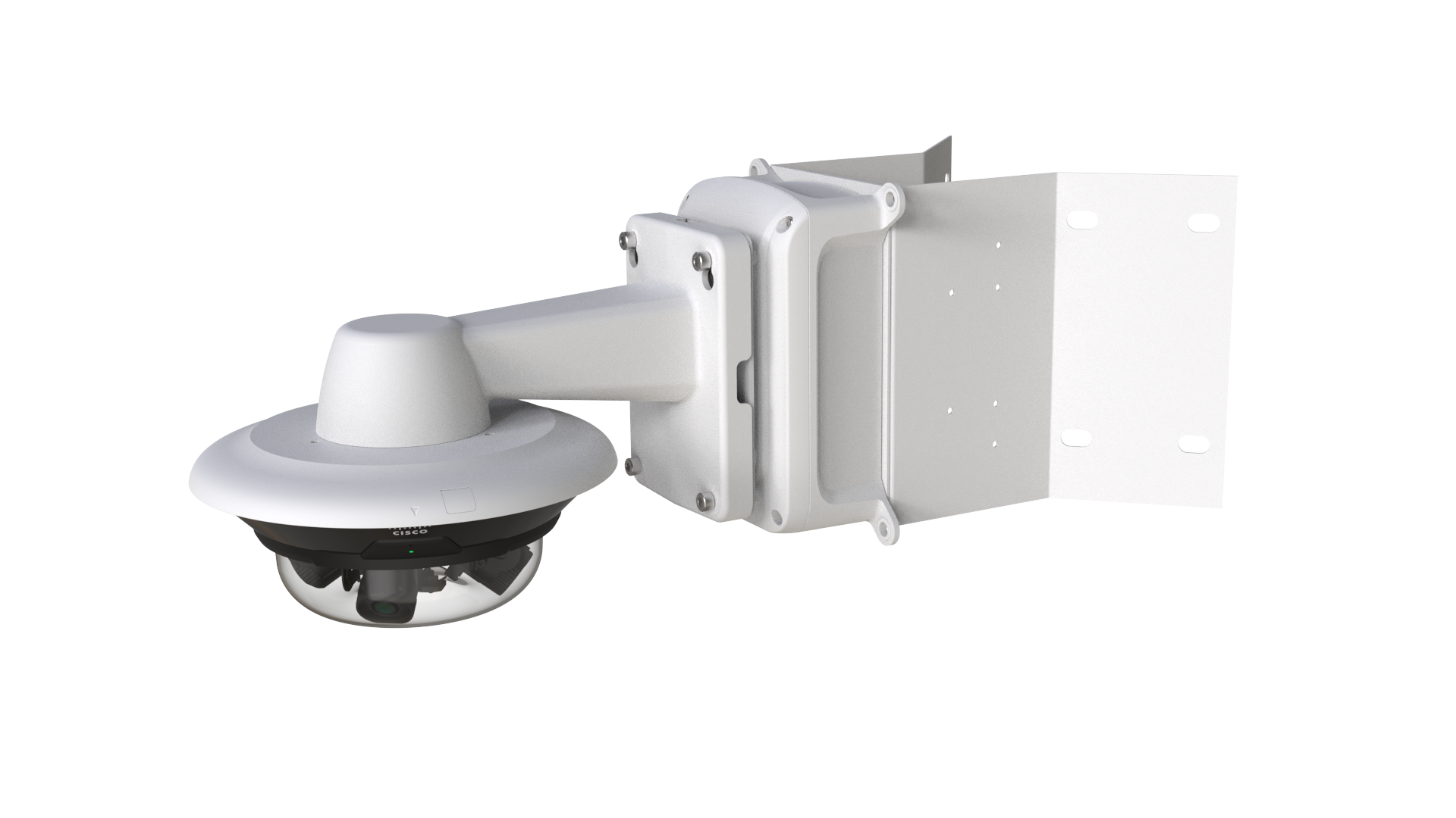 This image shows how to install the MV84X camera using a corner mount bracket for wide coverage of two adjoining sides.