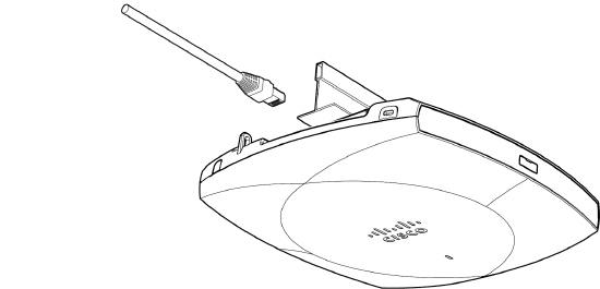 An image of the ceiling mount with attached AP, showing the process of connecting an ethernet cable