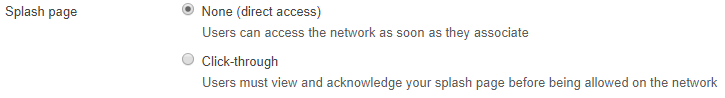 This image displays the Splash settings for the guest SSID. This example shows "click through".