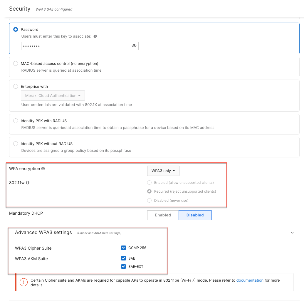 Image shows SSID options to enable WPA3 encryption mode.