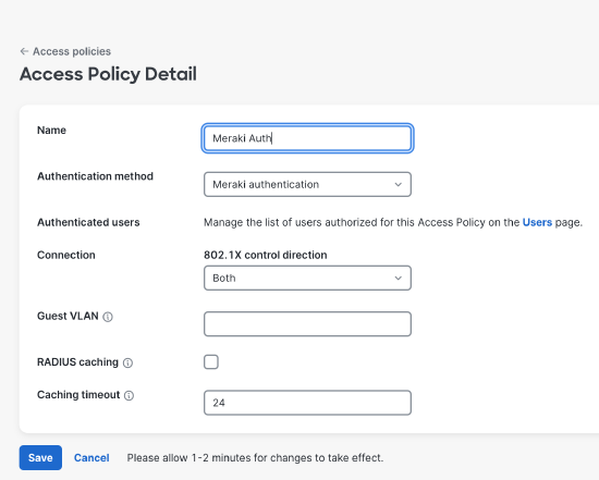 This is an image that demonstrates Creating an Access Policy Using Meraki Authentication.