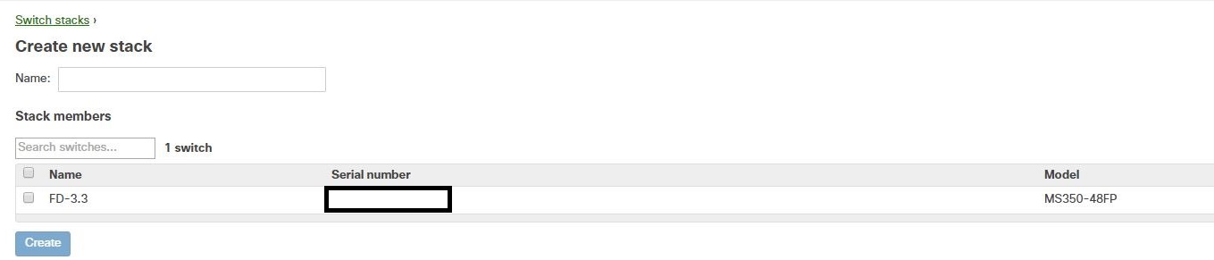 Options prompted when creating a manual stack in the Meraki Dashboard. Options include naming the stack and selecting the switches.