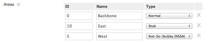 Example configuration of three OSPF areas—Normal, Stub, and Not-So-Stubby—displayed on the Meraki dashboard.