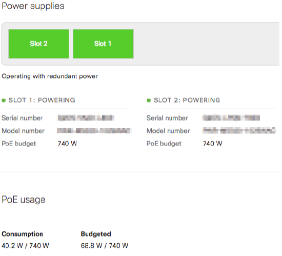 The switch details page for power usage. Shows sections for the power supplies and PoE usage.
