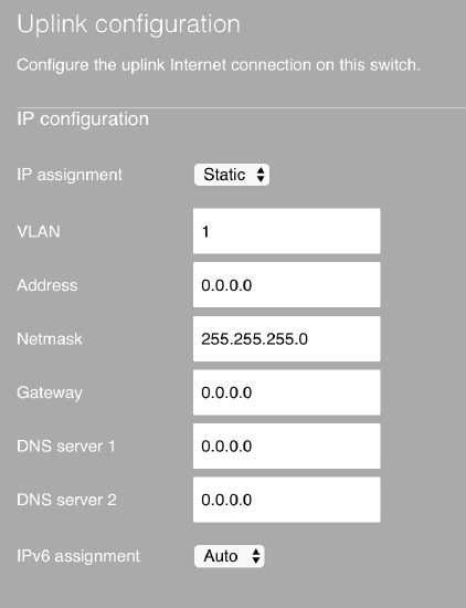 The static IP address settings found on the Local Status Page of the device