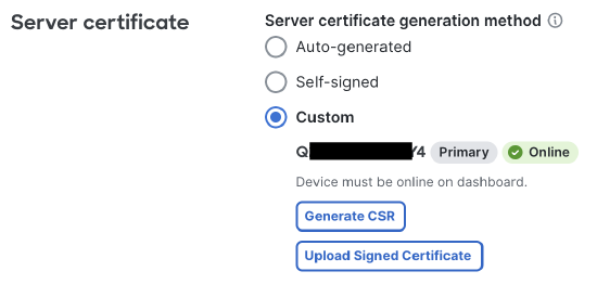 A screenshot selecting the Custom Server Certificate Generation Method for use with MX AnyConnect.