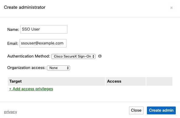 After creating a new administrators new option will be available SecureX Sign-On authentication.png