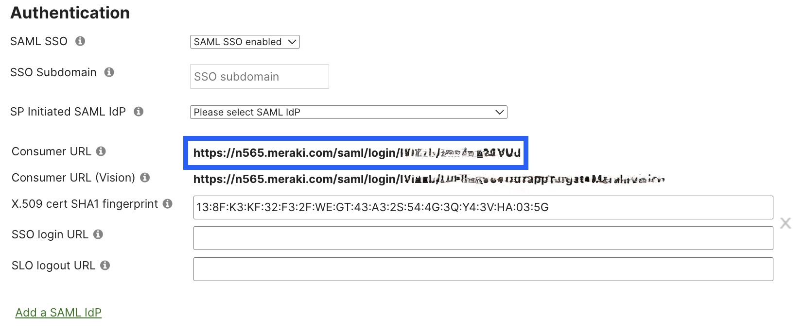 Organization SAML authentication configuration highliting the Consumer URL field.