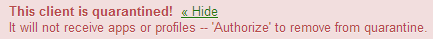 Device details page will show the client is quarantined banner