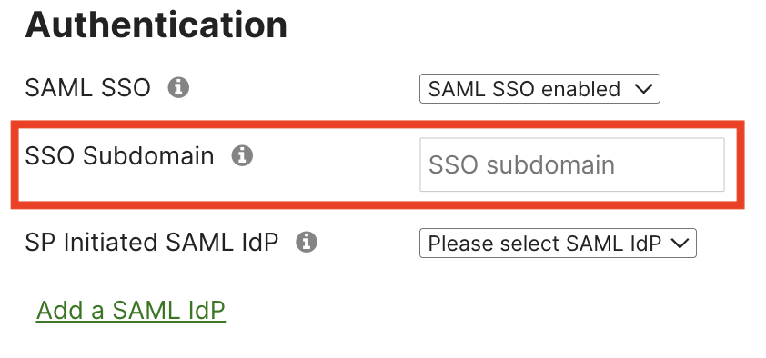 SAML authentication configuration in the Meraki Dashboard highlighting the SSO subdomain.