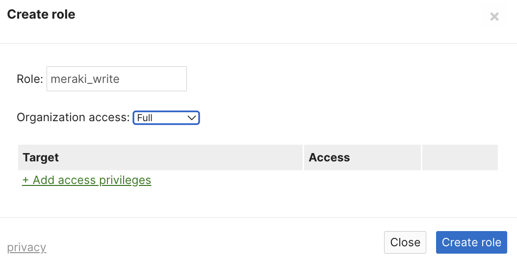 Crate role configuration fields in Dashboard. "meraki_write" role is in the "Role" field with full organization access assigned.