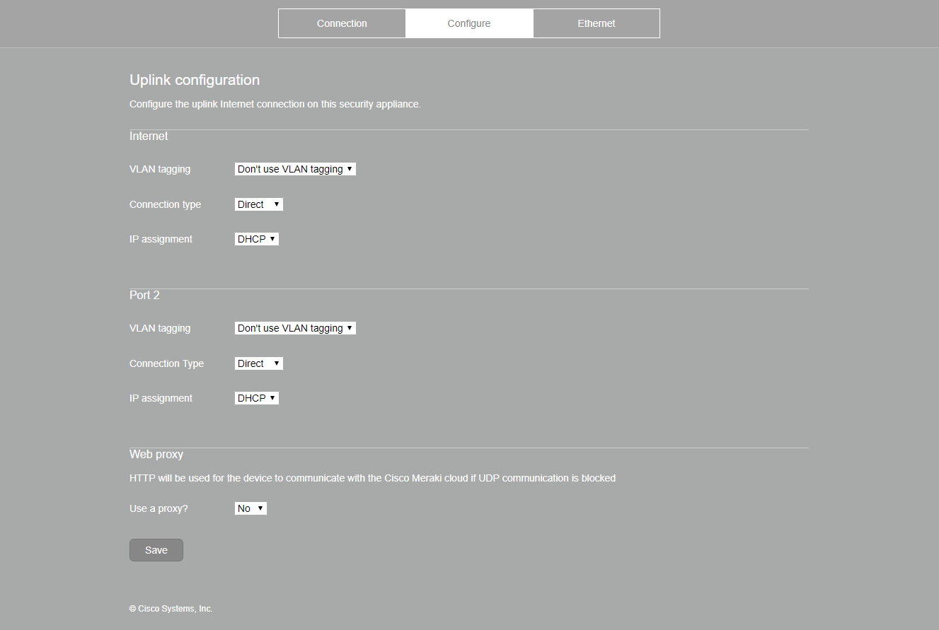 Example of an MX local status page with multiple SFP WAN links. The 'Configure' tab is selected