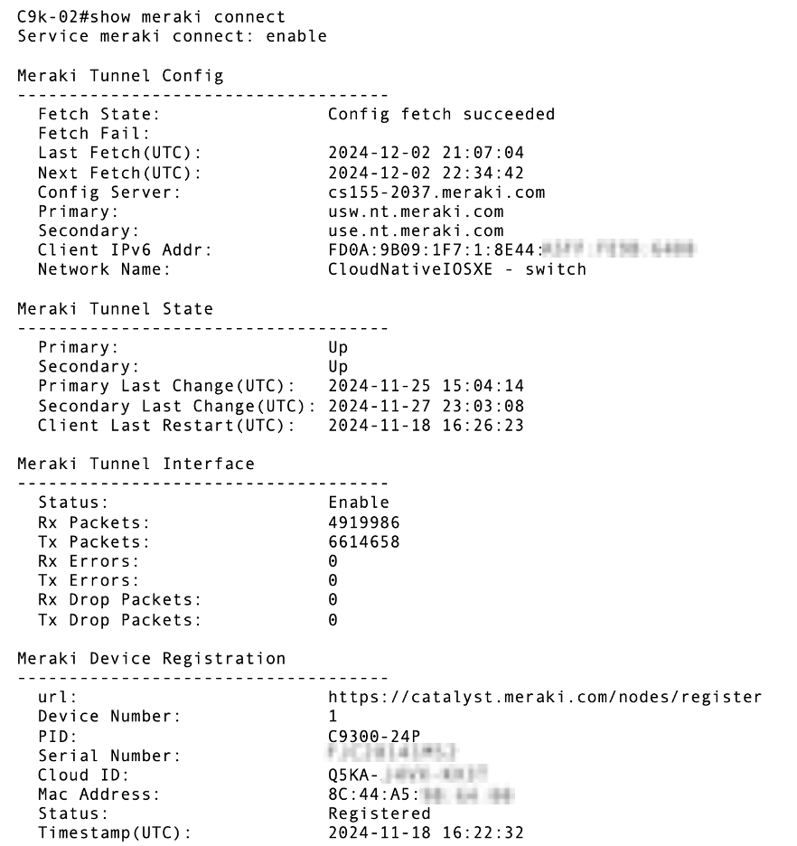 The output will provide the required Cloud ID to claim the switch to a Dashboard network.