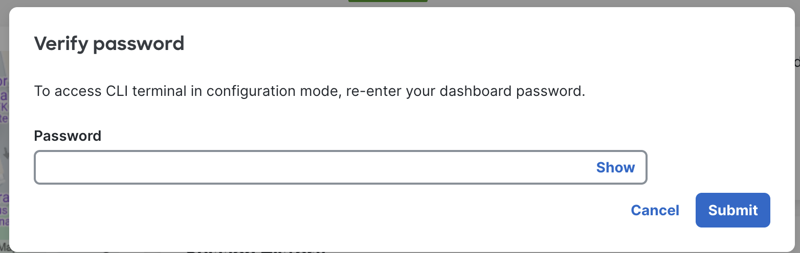 This image displays Verify password. To access CLI terminal in configuration mode, re-enter your dashboard password.