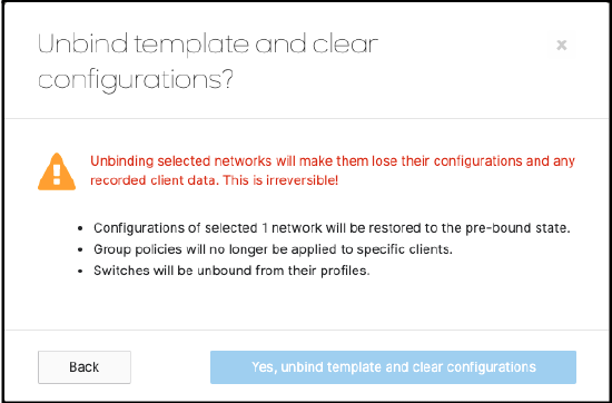 confirmation page after choosing unbind and clear configuration option