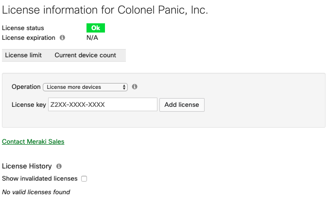 "License Information" page with "License more devices" option selected from the "Operation" field. A sample license key is added.