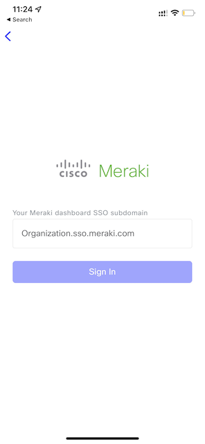 Mobile sign in screen with a field for the Meraki dashboard SSO subdomain. 