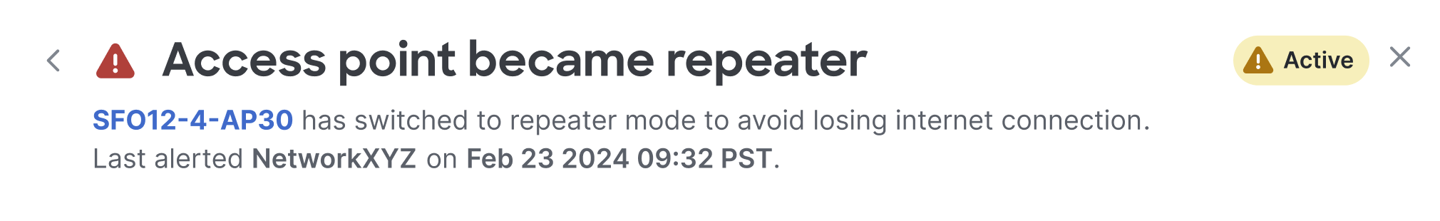 This image is displayed to inform users about an alert that an access point has unexpectedly transitioned to repeater mode, detailing the conditions that triggered the alert.