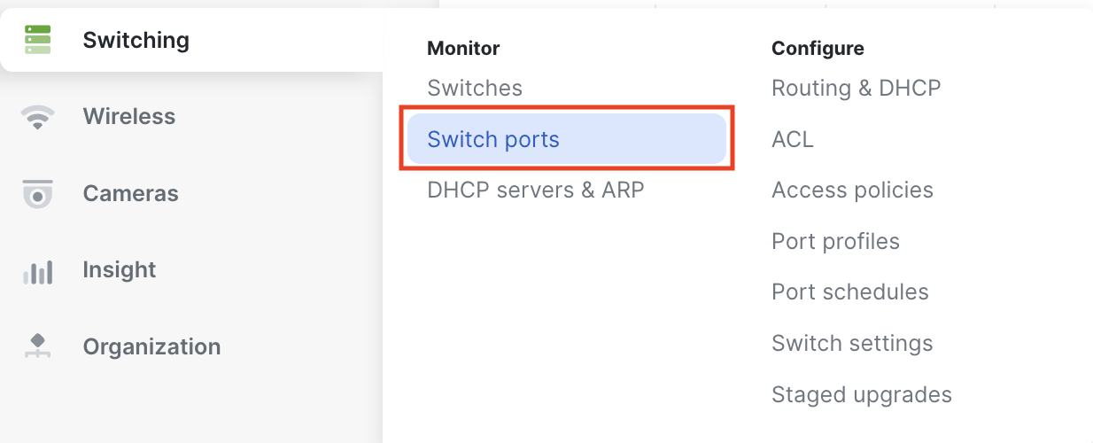 Dashboard navigation to switch ports