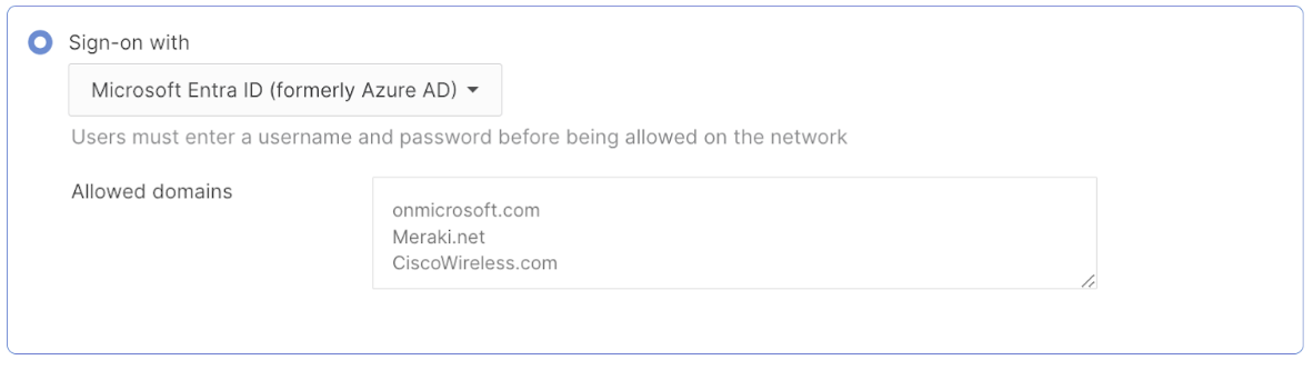 This image shows how to select "Sign on With Microsoft Entra ID" and add allowed domains under Splash Page settings.