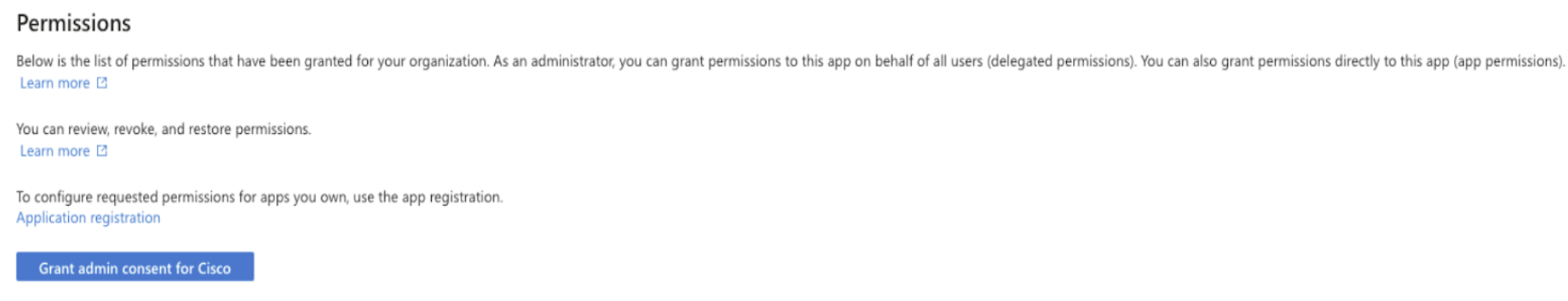 This image shows how to grant admin consent for Cisco by clicking the blue button under Permission.