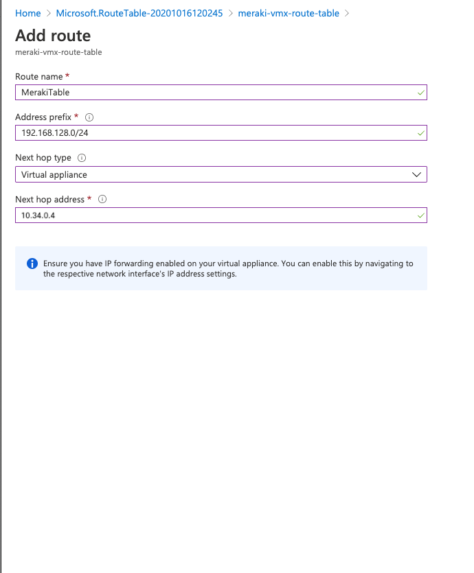 Azure での 'Add route table' のスクリーンショット。Name、Prefix、Next hop type を含む。