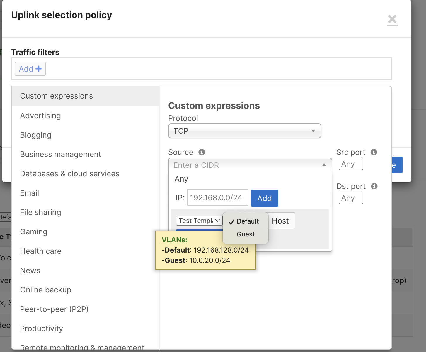 Example screenshot of how to configure a SDWAN VPN policy on a template
