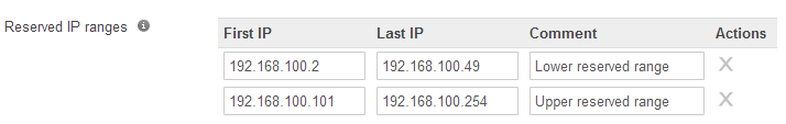 Security & SD-WAN > Configure > DHCP メニューの予約済み IP 範囲の構成オプション。