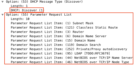 DHCP Discover メッセージの Wireshark 出力
