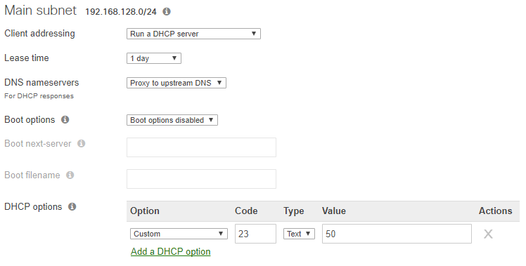 Meraki ダッシュボードでの DHCP オプション構成