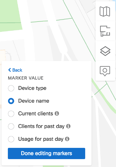 マーカーの値のオプション: デバイスタイプ、デバイス名、現在のクライアント数、過去 1 日のクライアント数、過去 1 日の使用量。