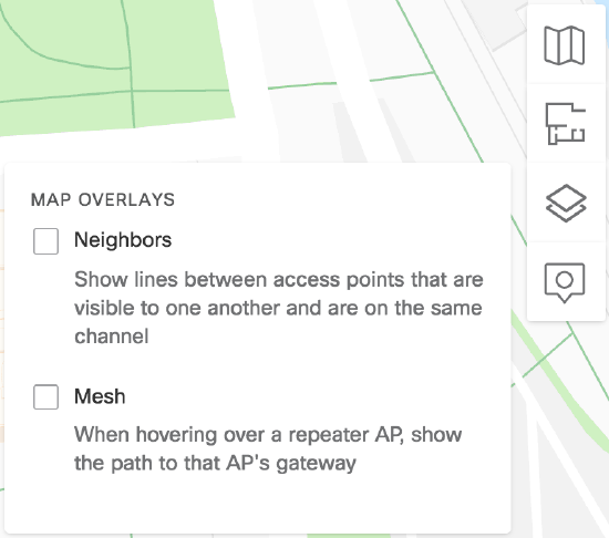 Neighbors: 相互に可視で同一チャネルのアクセスポイント間に線を表示します。Mesh: リピータ AP にカーソルを重ねると、その AP のゲートウェイまでの経路を表示します。