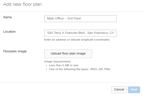 Meraki ダッシュボードで新しいフロアプランをアップロードする際に情報を入力するフィールド。ここから新しいフロアプランもアップロードできます。