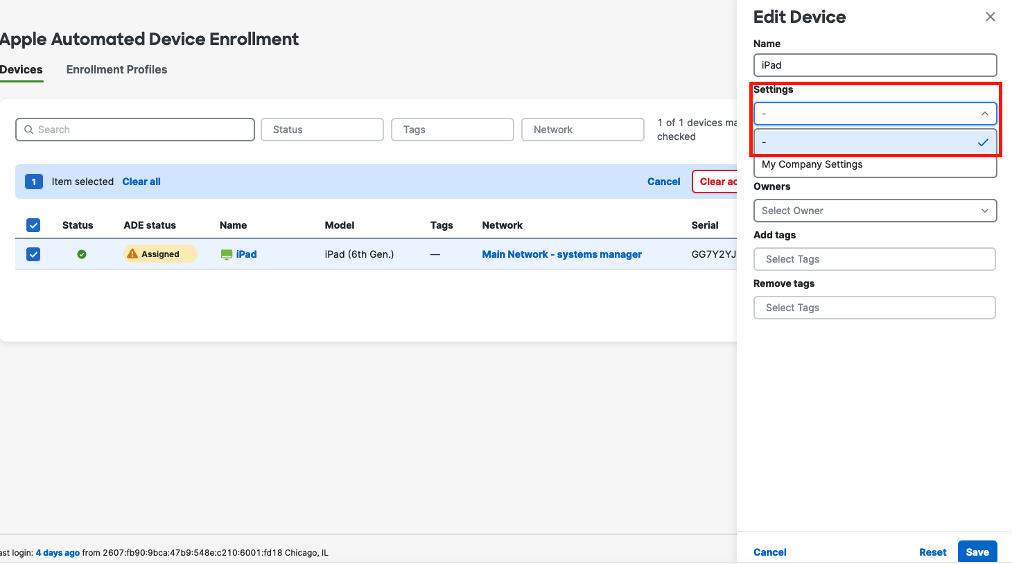 ADE ページでデバイスを選択し、[Edit] ボタン選択後に表示される追加のサイドパネルを示します。左側のパネルでは 'Settings' ドロップダウンが強調表示され、ADE 設定の削除を表す「-」のオプションが選択されています。