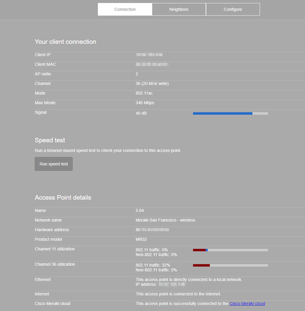 Example of an MR access point local status page. The 'Connection' tab is selected.