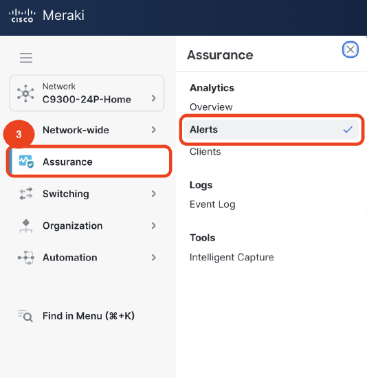 Dashboard navigation menu showing the Assurance > Alerts page. 