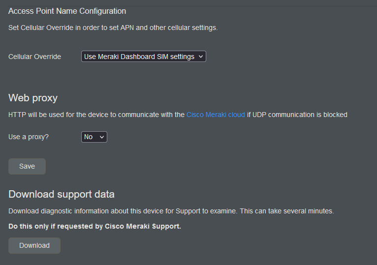 「Use Meraki Dashboard SIM settings」を示す画像