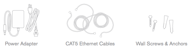 Package contents detailing power adapter cat5 ethernet cables and wall screws with anchors