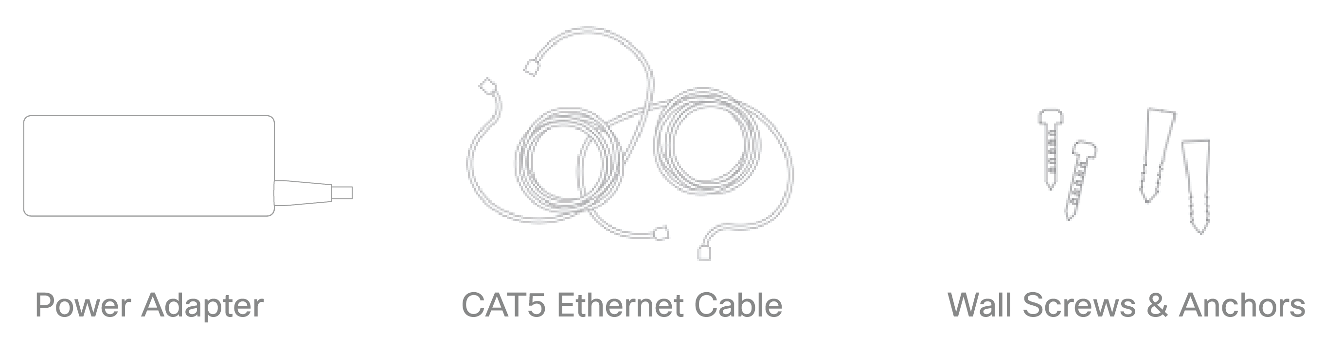 Image of accessories contained in box shipped to the customer. Image shows a power adapter, CAT 5 ethernet cable, wall screws and anchors.