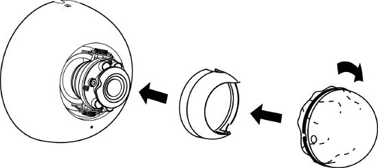 This image illustrates the process of replacing the lens guard and securing the bubble by turning it clockwise to lock.